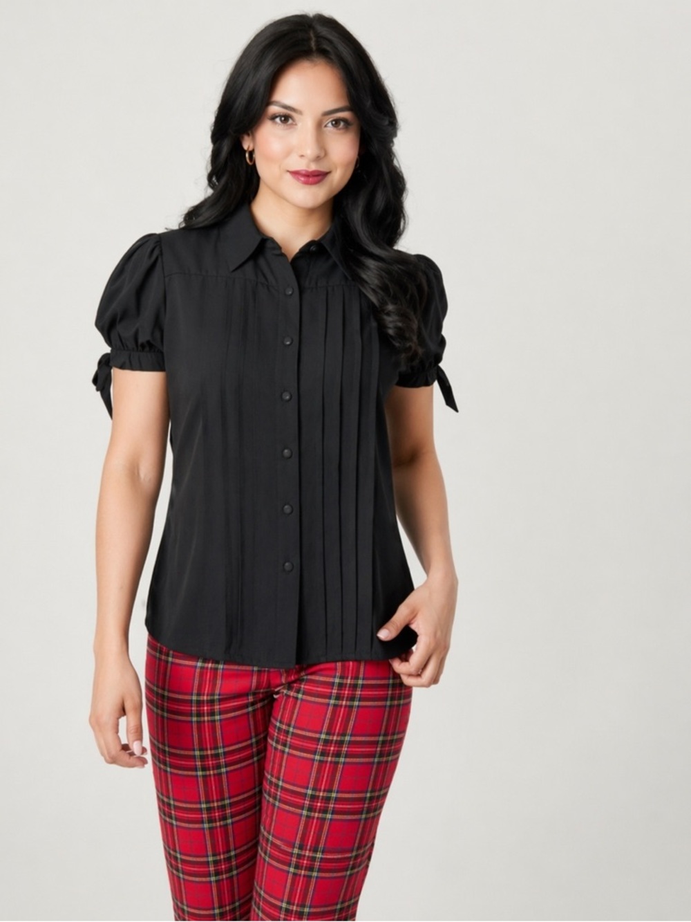 Unique Vintage Black Pleated Blouse Puff Sleeve Button Front Size Medium